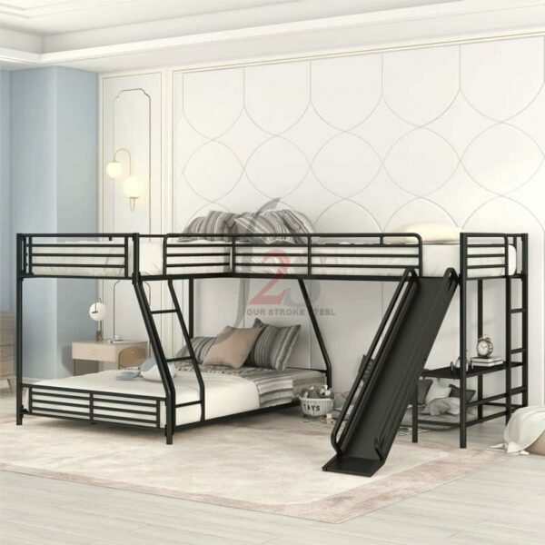 Lit superposé Double en Forme de L avec lit Mezzanine Double, Bureau intégré et Toboggan, Noir